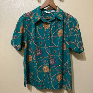 Vintage 80s Horse Bridle Chain Short Sleeve Womens Medium Blouse Equestrian